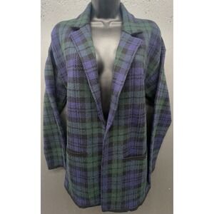 Anne Klein Blazer S Green Blue Tartan Plaid Unstructured Open Soft Jacket New